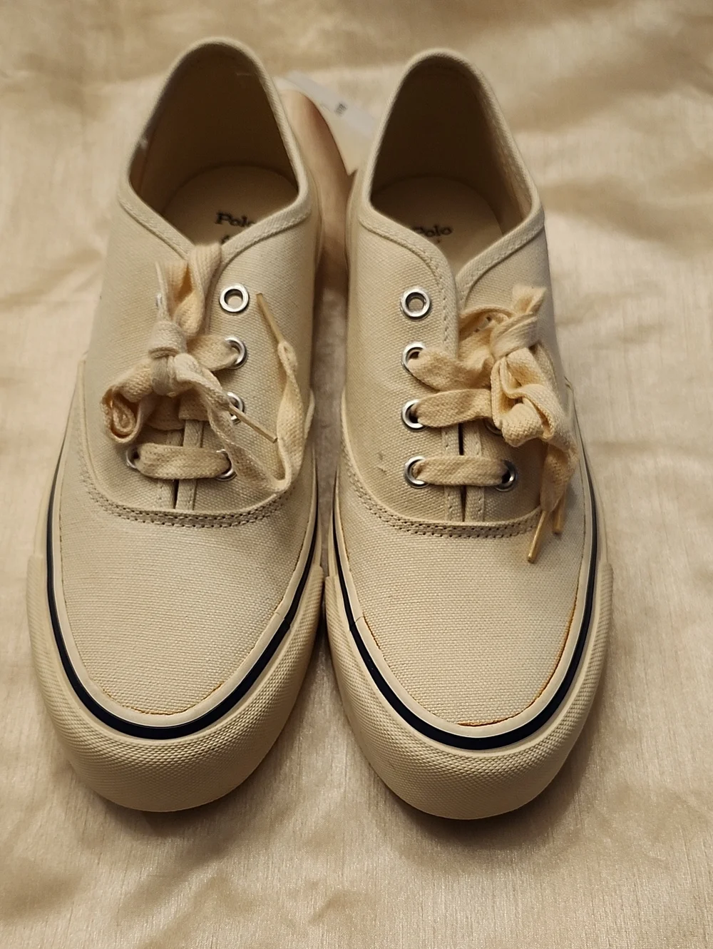 Polo Ralph Lauren Vtg New Cream Canvas Preppy Sneakers Navy Accents, 8B, $30